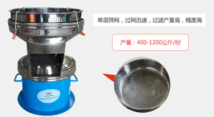 450過(guò)濾篩采用單層篩網(wǎng)，過(guò)網(wǎng)迅速，過(guò)濾產(chǎn)量高，精度高。